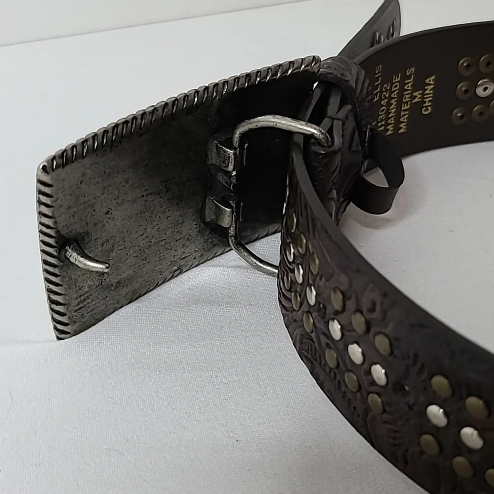 Vintage Y2K Perry Ellis Western Belt Embellished Scroll Design Faux Leather Brwn